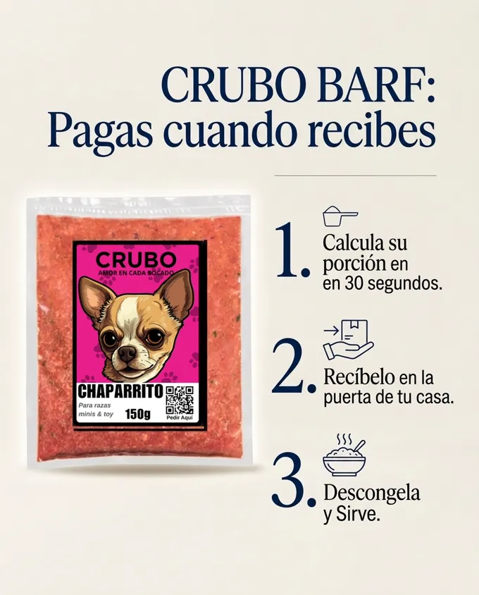 Cómo funciona CRUBO BARF: calculas, recibes, descongelas y sirves