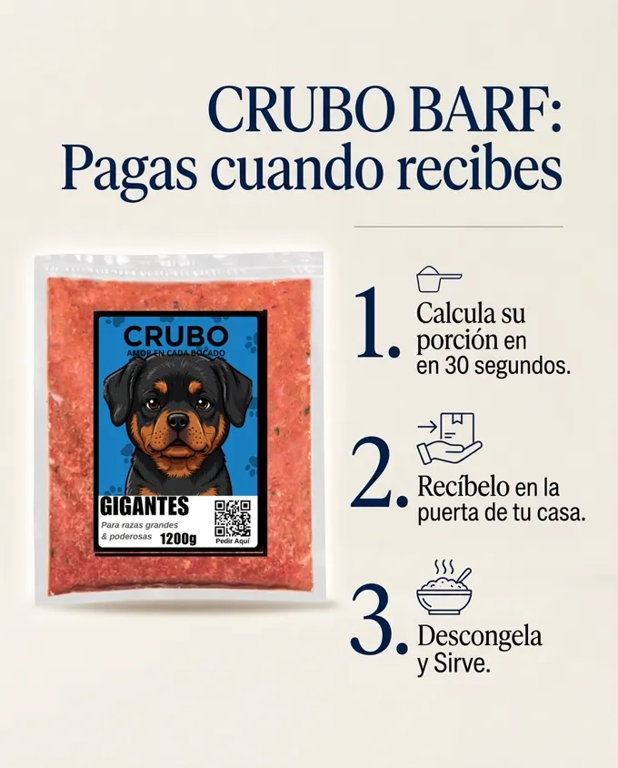 Cómo funciona CRUBO BARF: calculas, recibes, descongelas y sirves