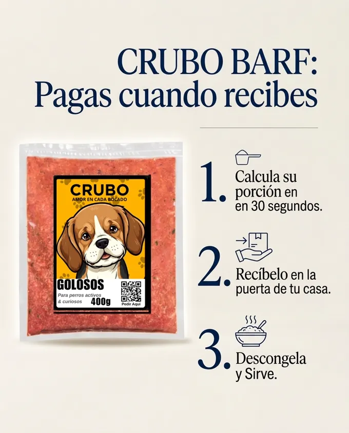 Cómo funciona CRUBO BARF: calculas, recibes, descongelas y sirves