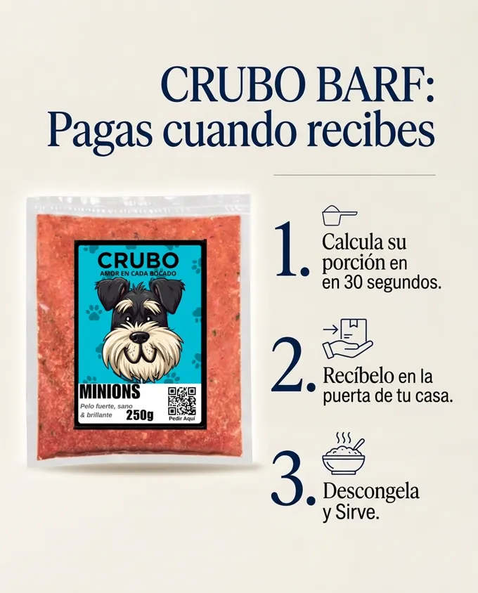 Cómo funciona CRUBO BARF: calculas, recibes, descongelas y sirves