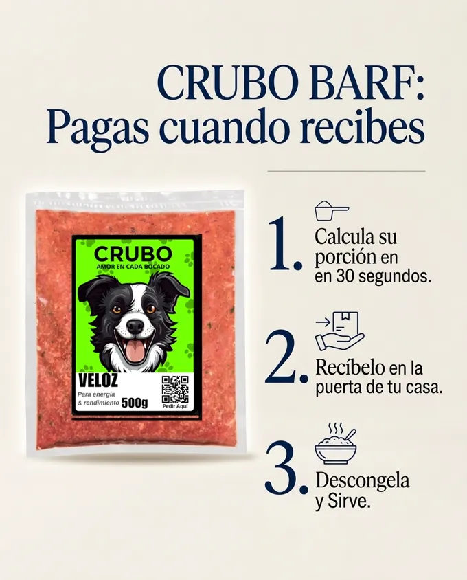 Cómo funciona CRUBO BARF: calculas, recibes, descongelas y sirves